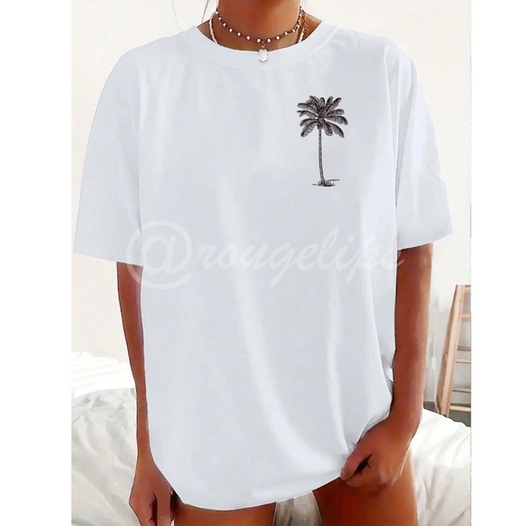 White Oversized Tee Crewneck Short Sleeve Printed Palm Tree - Picture 2 of 8